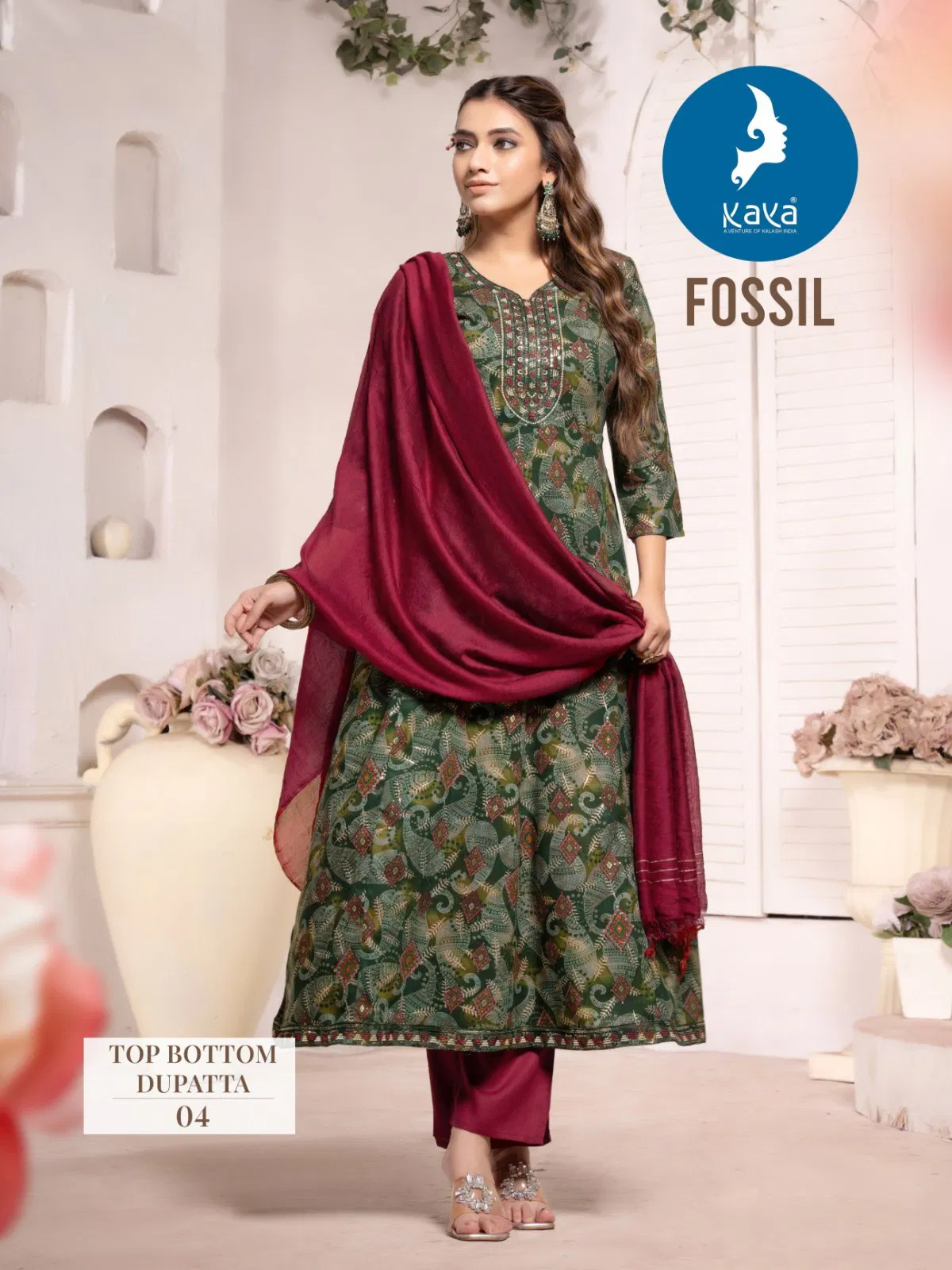 Fossil By Kaya Rayon Foil Printed Kurti With Bottom Dupatta Online Wholesale